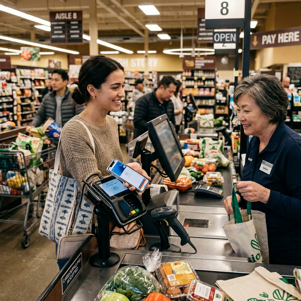 Customer using smartphone for mobile payment at grocery store checkout